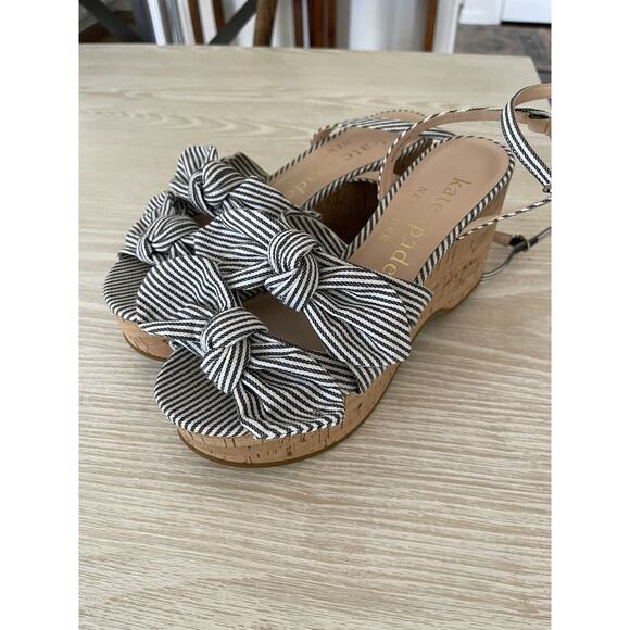 Kate Spade Julep Canvas & Cork Platform Wedge Sandal Blue Stripe Ankle Strap 8.5 - Picture 2 of 8